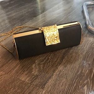 Vintage Black Satin & Gold Evening Clutch w/Chain